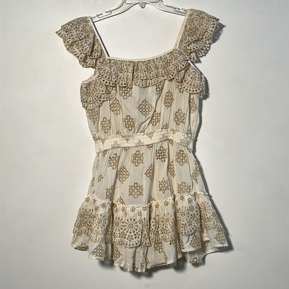 PQ SWIM ANTHRO Haven Cate Ruffle Tier Gold Eyelet Cotton Ecru Resort Mini SZ M/L - Picture 4 of 16